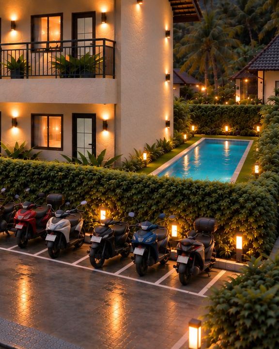 The shared pool and resident scooter parking in the evening — architectural rendering